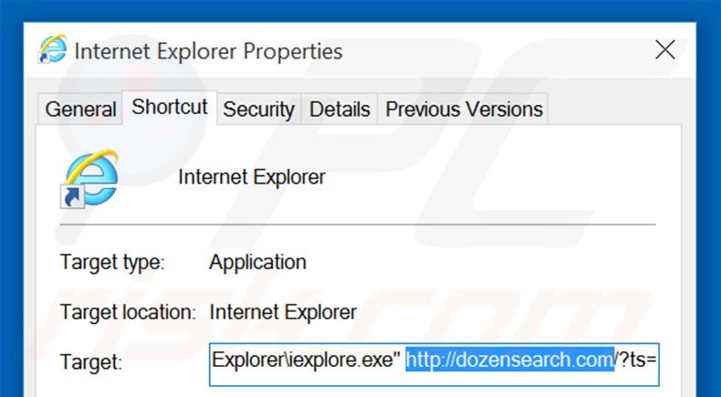 Removing dozensearch.com from Internet Explorer shortcut targetFare clic sull'icona 