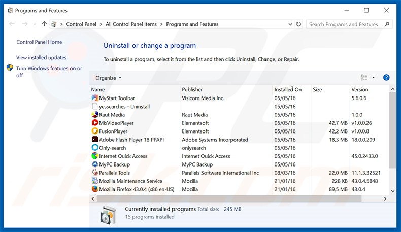 Disinstallare applicazioni potenzialmente indesiderate attraverso il pannello di controllo.