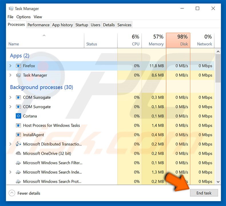 Eliminate .Fun ransomware in task manager