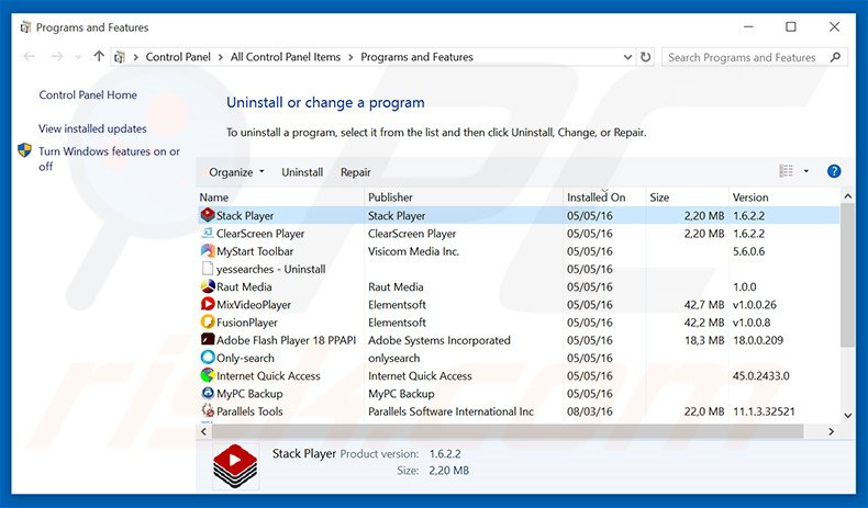 DisinstallareStack Player attraverso il pannello di controllo