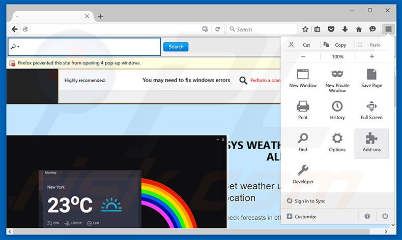Rimuovere SysWeatherAlert adware da Mozilla Firefox step 1