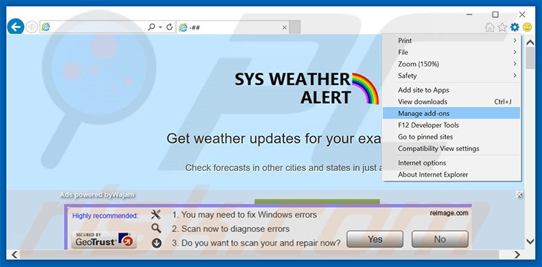 Rimuovere SysWeatherAlert adware da Internet Explorer step 1