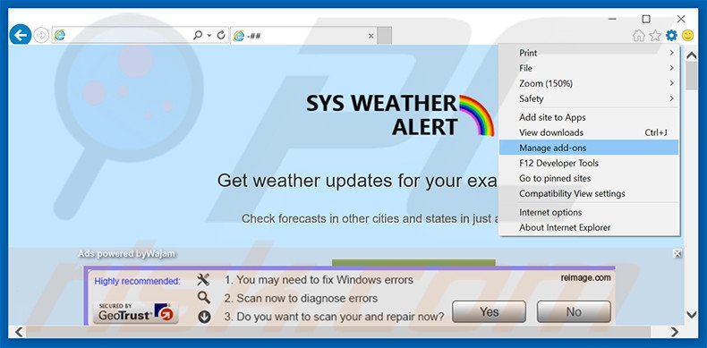 Rimuovere SysWeatherAlert adware da Internet Explorer step 1