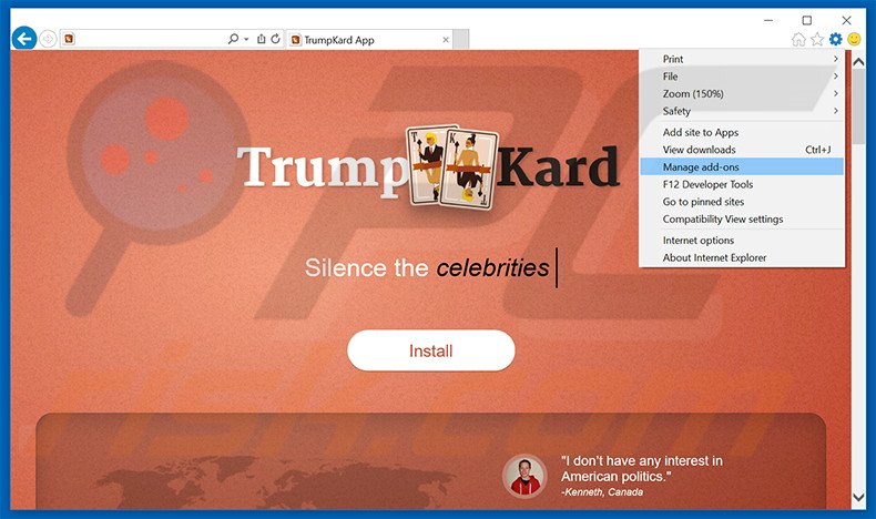 Rimuovere TrumpKard adware da Internet Explorer step 1