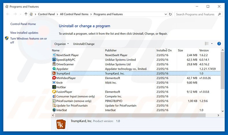  DIsinstallare TrumpKard attraverso il pannello di controllo.