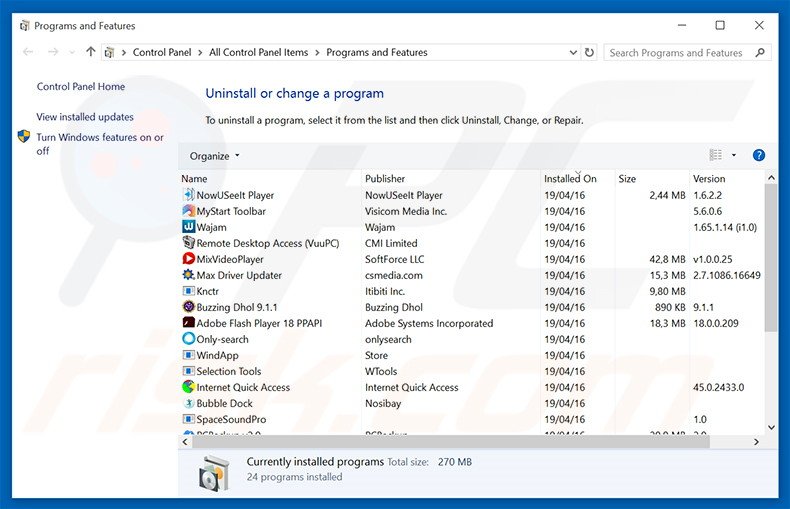 Disinstallare programmi potenzialmente dannosi dal pannello di controllo.