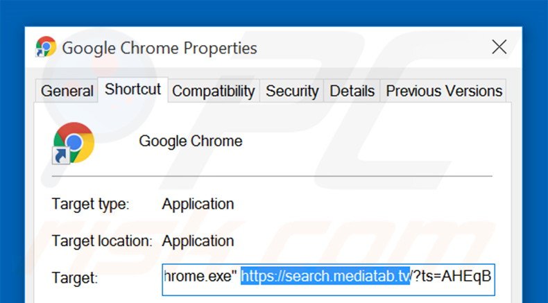 Removing search.mediatab.tv from Google Chrome shortcut target step 2