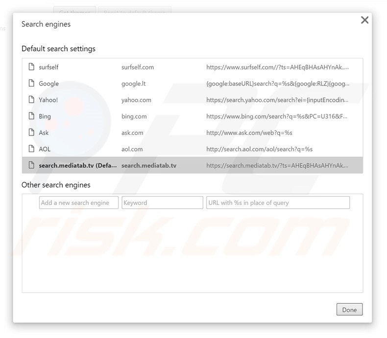 Removing search.mediatab.tv from Google Chrome default search engine
