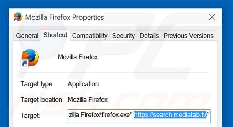 Removing search.mediatab.tv from Mozilla Firefox shortcut target step 2