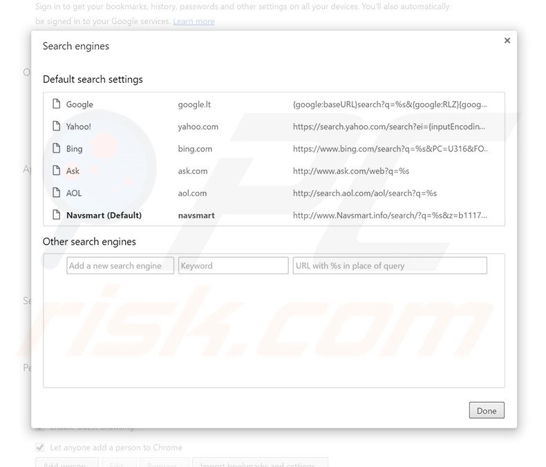 Cambiare il motore di ricerca predefinito navsmart.info in Google Chrome 