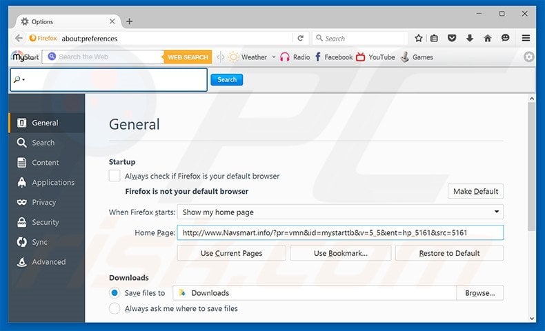 Cambia la tua homepage navsmart.info in Mozilla Firefox 