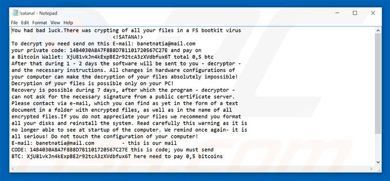 !SATANA! ransomware text file