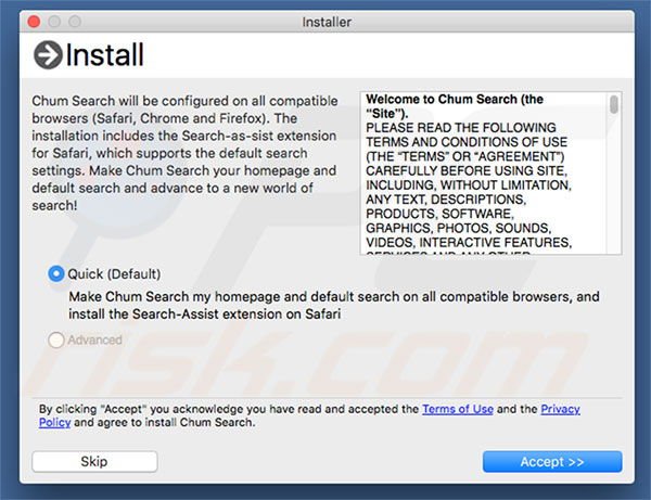 Delusive installer used to promote chumsearch.com