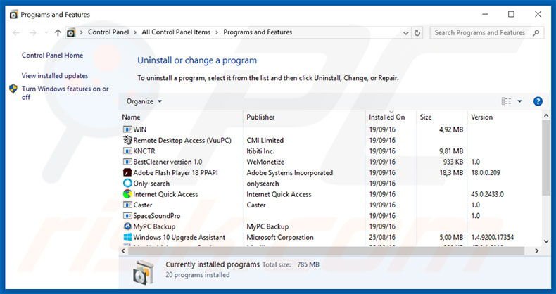 Disinstallare applicazioni potenzialmente dannose attraverso il pannello di controllo.