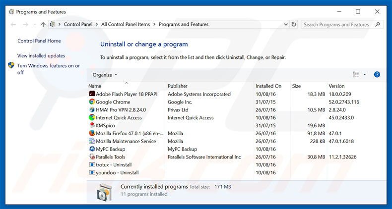 Disinstallare programmi potenzialmente indesiderati attraverso il pannello di controllo.