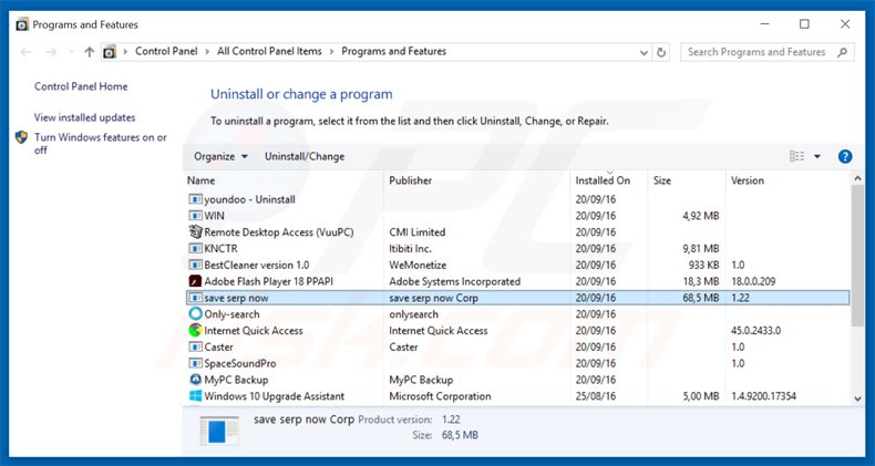 Disinstallare Save Serp Now attraverso il pannello di controllo