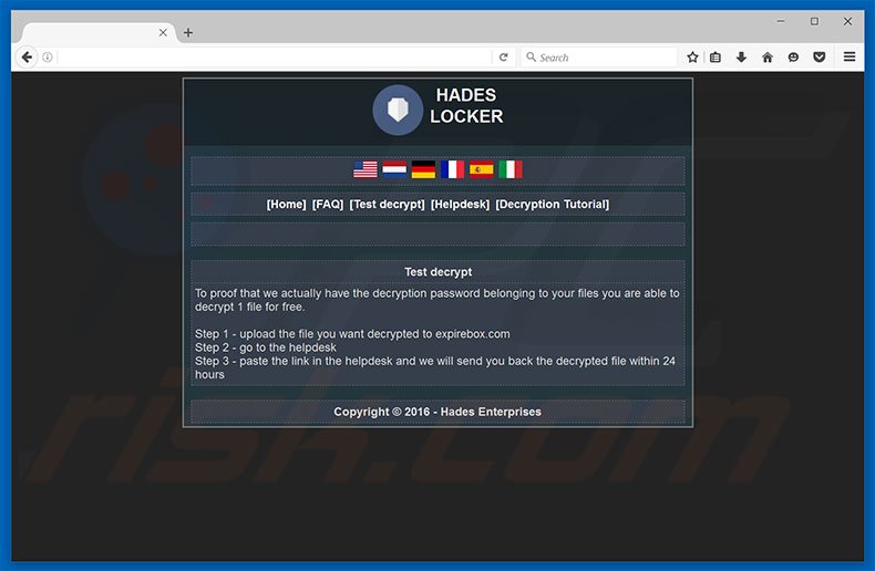 Hades Locker ransomware website's decryption test