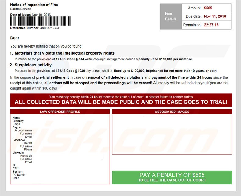 Notice of Imposition of Fine scam