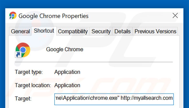 Removing myallsearch.com from Google Chrome shortcut target step 2
