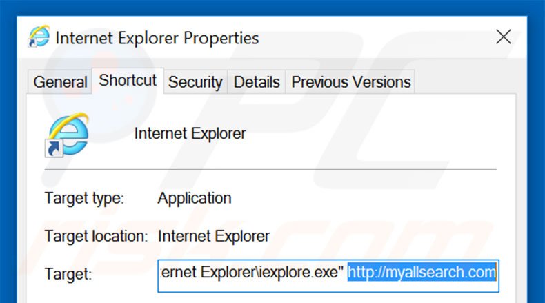 Removing myallsearch.com from Internet Explorer shortcut target step 2