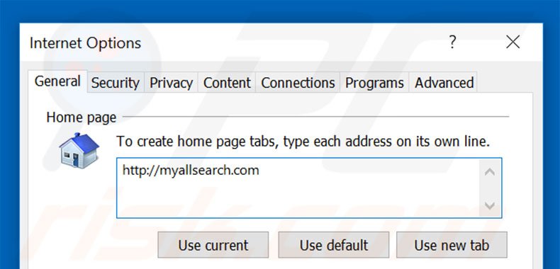 Removing myallsearch.com from Internet Explorer homepage