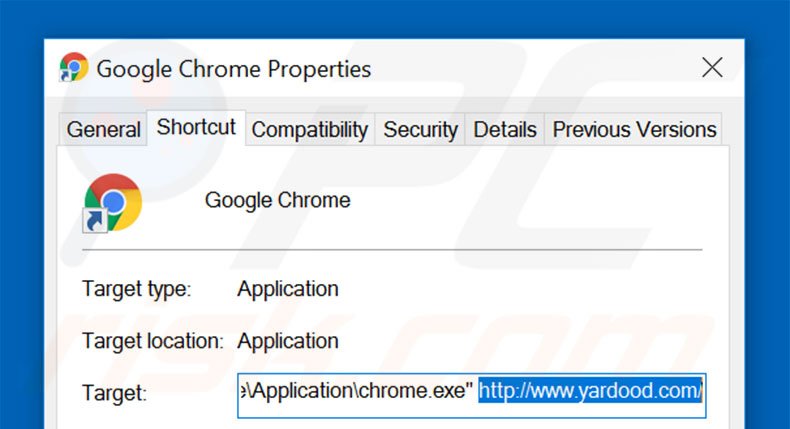 Removing yardood.com from Google Chrome shortcut target step 2