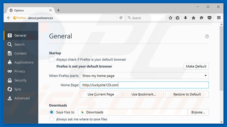 Cambia la tua homepage luckysite123.com in Mozilla Firefox