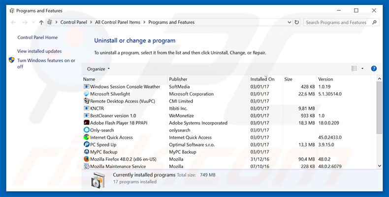 Disinstallare applicazioni potenzialmente indesiderate attraverso il pannello di controllo.