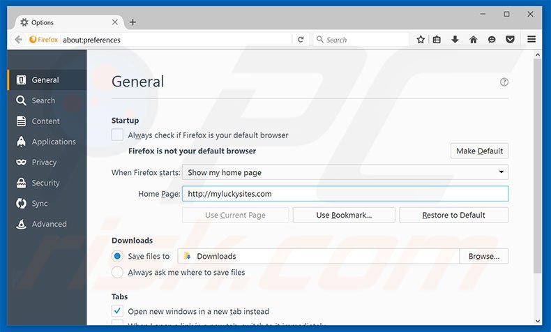 Cambia la tua homepage myluckysites.com in Mozilla Firefox 