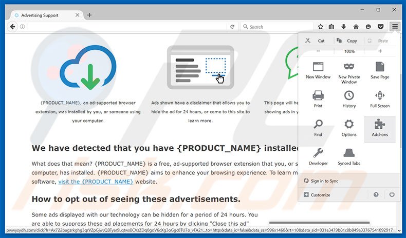 Rimuovere {PRODUCT_NAME} adware da Mozilla Firefox step 1