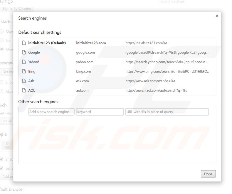 Cambiare il motore di ricerca predefinito: initialsite123.com in Google Chrome 