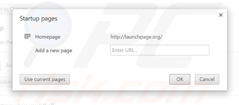 Removing launchpage.org from Google Chrome homepage