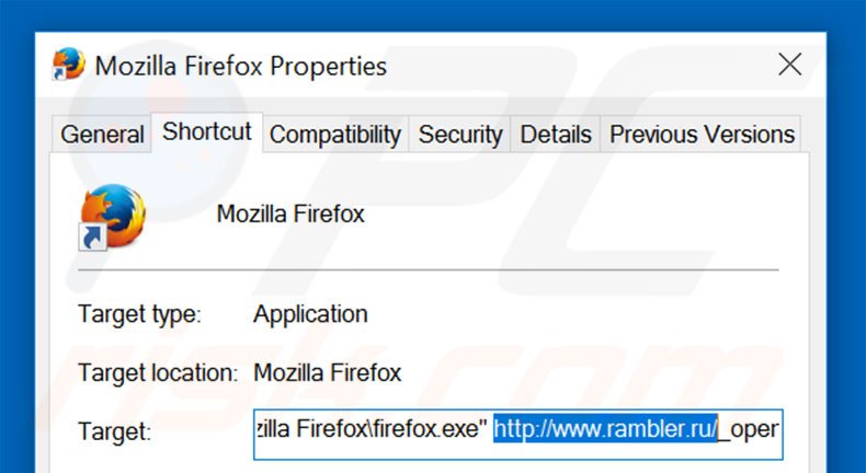 Removing rambler.ru from Mozilla Firefox shortcut target step 2