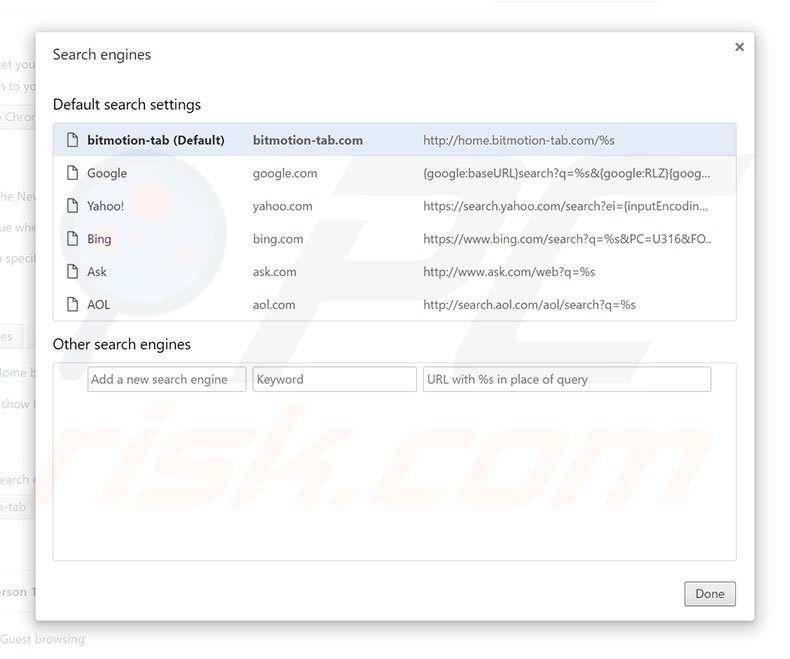 Removing home.bitmotion-tab.com from Google Chrome default search engine