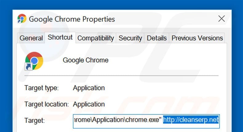 Removing cleanserp.net from Google Chrome shortcut target step 2