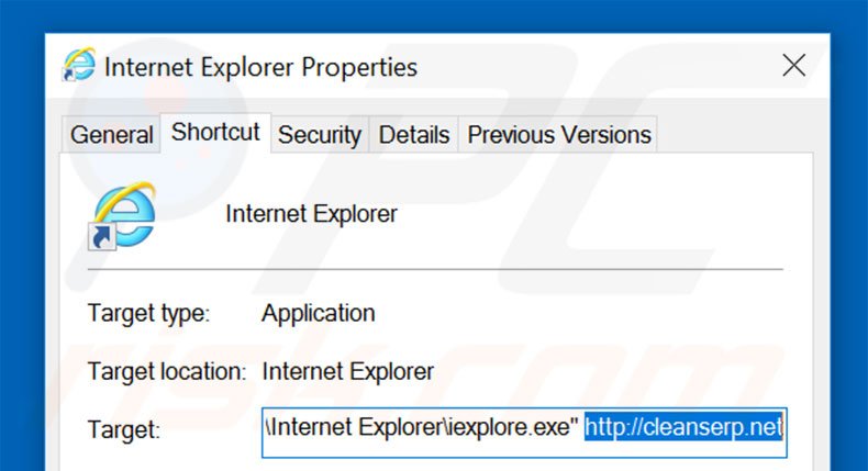 Removing cleanserp.net from Internet Explorer shortcut target step 2