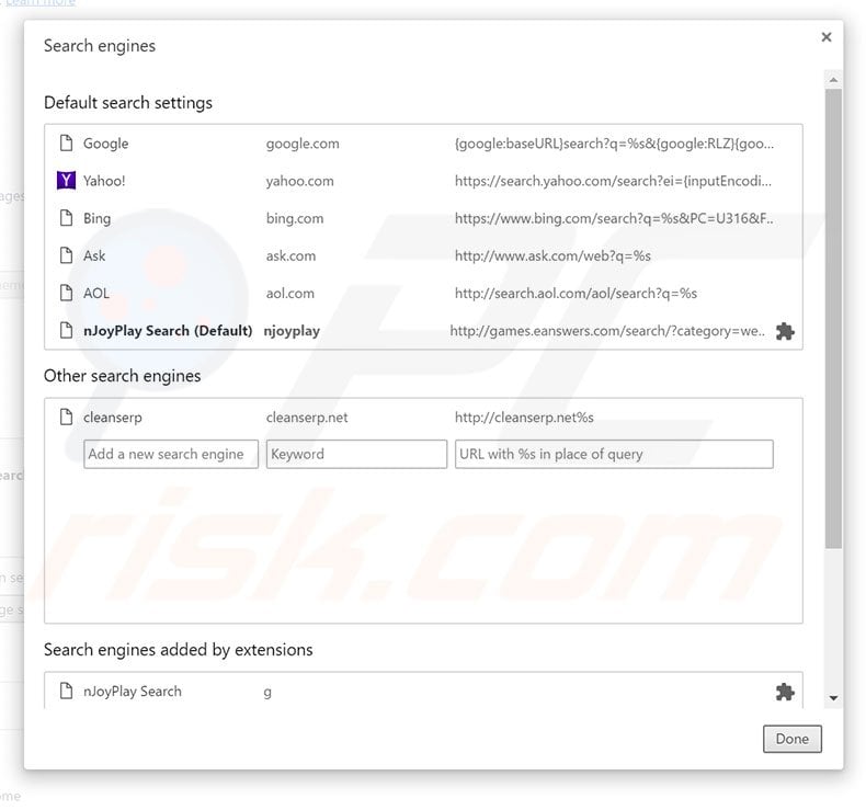 Removing eanswers.com from Google Chrome default search engine