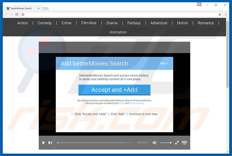 Malicious website promoting betterMovies browser hijacker