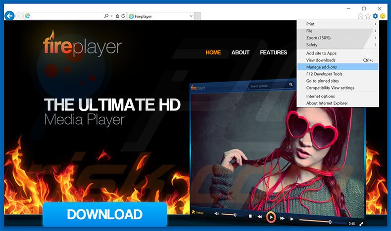 Removing FirePlayer ads from Internet Explorer step 1