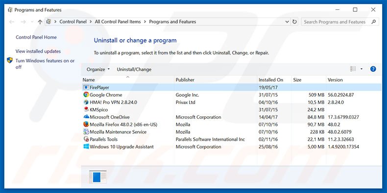 FirePlayer adware uninstall via Control Panel