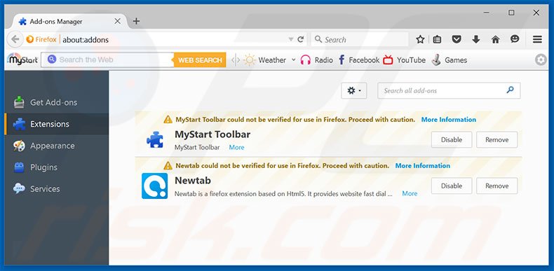 Removing mobsearches.com related Mozilla Firefox extensions