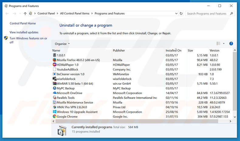 mobsearches.com browser hijacker uninstall via Control Panel