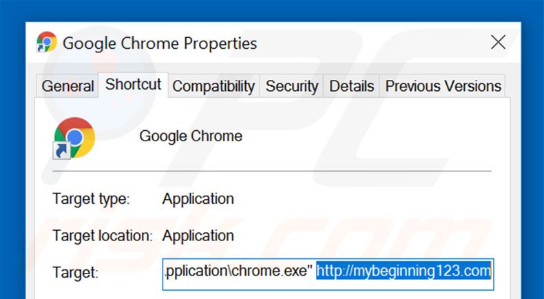 Removing mybeginning123.com from Google Chrome shortcut target step 2