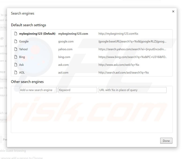 Removing mybeginning123.com from Google Chrome default search engine