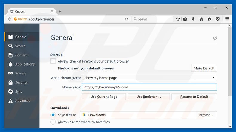 Removing mybeginning123.com from Mozilla Firefox homepage