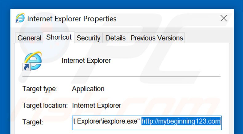 Removing mybeginning123.com from Internet Explorer shortcut target step 2