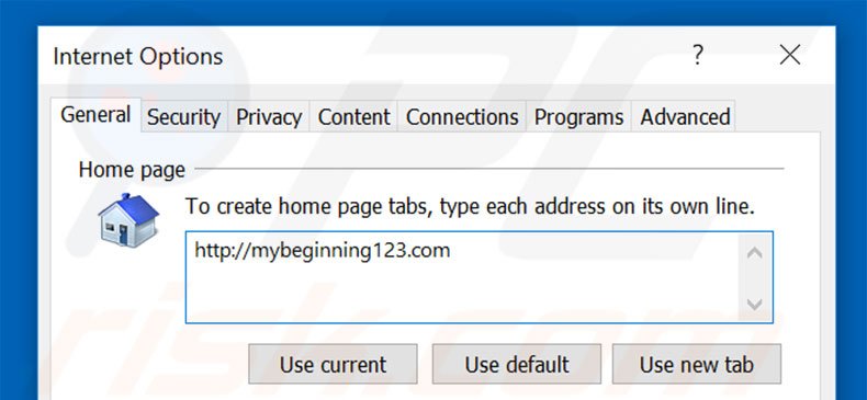 Removing mybeginning123.com from Internet Explorer homepage