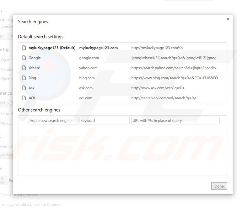 Removing myluckypage123.com from Google Chrome default search engine