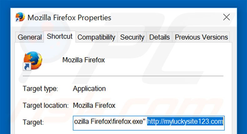 Removing myluckysite123.com from Mozilla Firefox shortcut target step 2