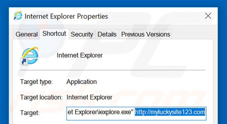 Removing myluckysite123.com from Internet Explorer shortcut target step 2